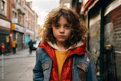 Cute child with curly hair in red jacket and jeans jacket on the street.