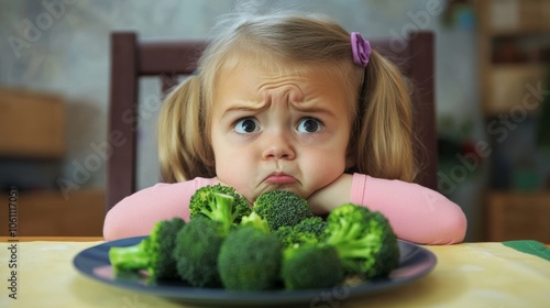 A disappointed girl staring at broccoli on the table during dinner time. photo