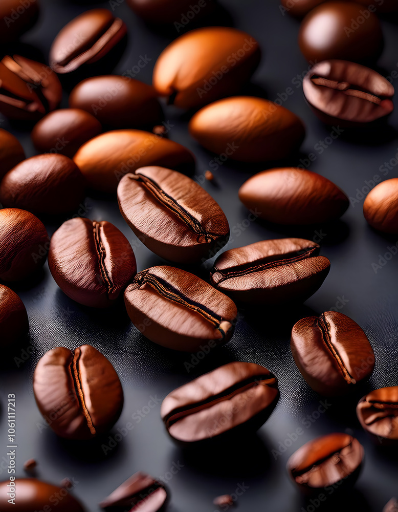 A pile of coffee beans on a black background. A pile of coffee beans on a black background.