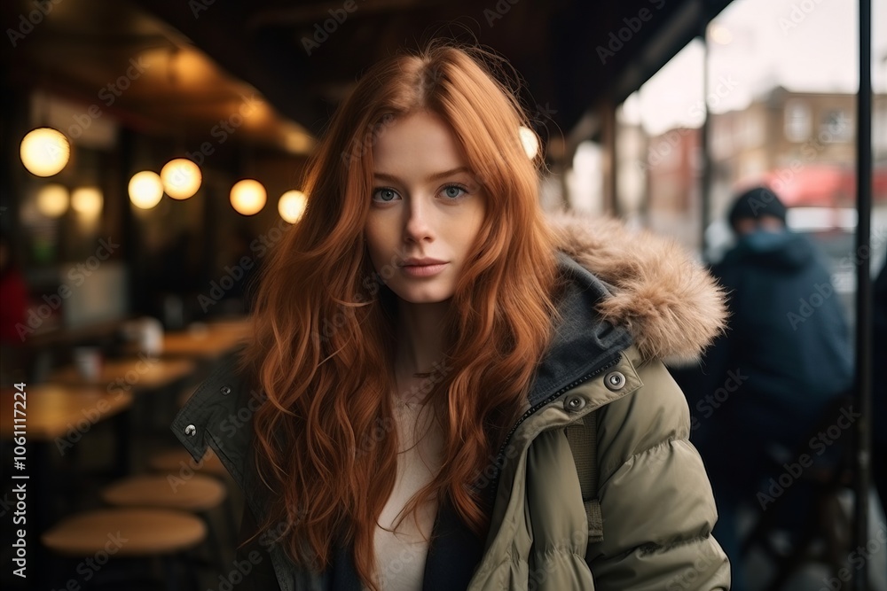 Portrait of a beautiful young redhead woman in a street cafe. Portrait of a beautiful young redhead woman in a street cafe.