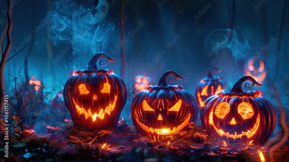 Naklejka premium Eerie Halloween jack o lanterns glowing with an otherworldly light in a dark foggy forest at night Spooky supernatural atmosphere with a haunting mystic ambiance