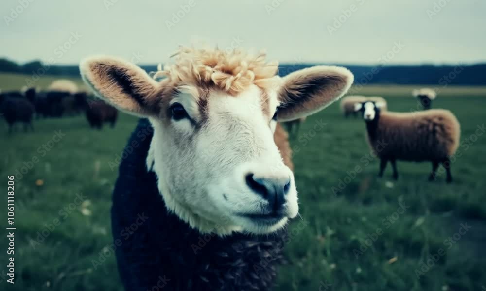 Deceptive predator dressed as a sheep, hiding in plain sight within a flock, symbolizing trickery Deceptive predator dressed as a sheep, hiding in plain sight within a flock, symbolizing trickery