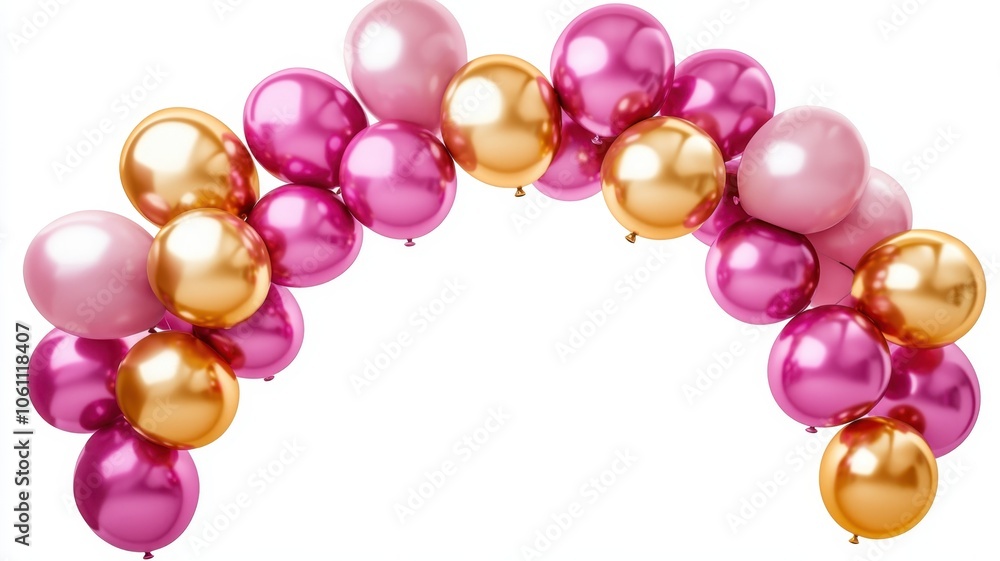 A colorful balloon arch featuring pink and gold balloons, perfect for celebrations and decorative events. A colorful balloon arch featuring pink and gold balloons, perfect for celebrations and decorative events.