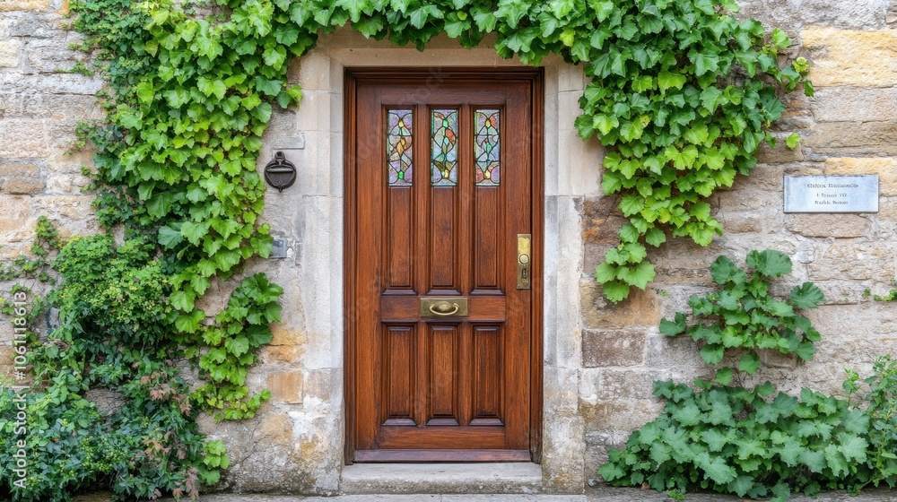 Picturesque Wooden Door Framed by Lush Greenery Picturesque Wooden Door Framed by Lush Greenery