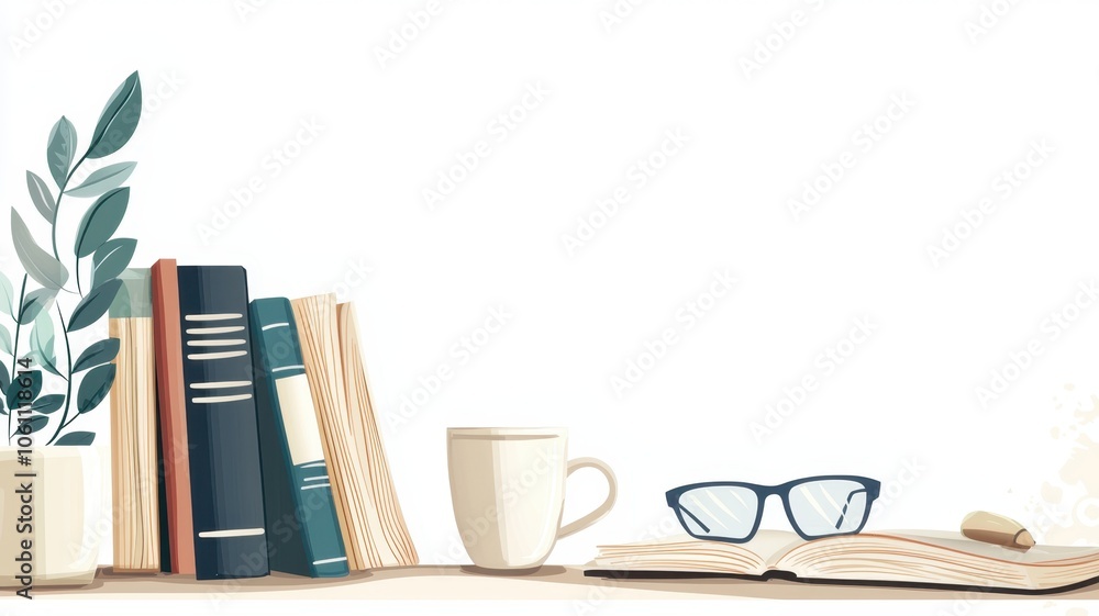 Fototapeta premium A cozy workspace featuring books, a cup, glasses, and a plant, ideal for reading and relaxation.