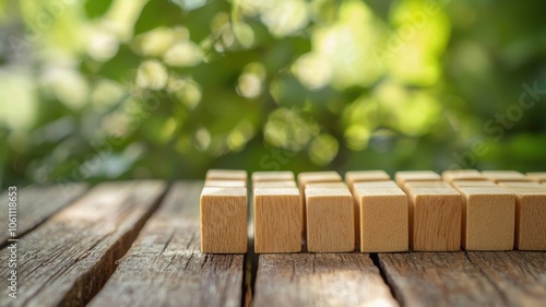 A row of wooden blocks rests on a rustic table, set against a blurred green background, suggesting themes of creation or organization.