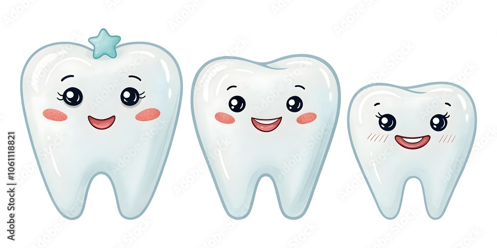 A group of adorable little teeth, alone on a white background in a cartoon drawing. A group of adorable little teeth, alone on a white background in a cartoon drawing.