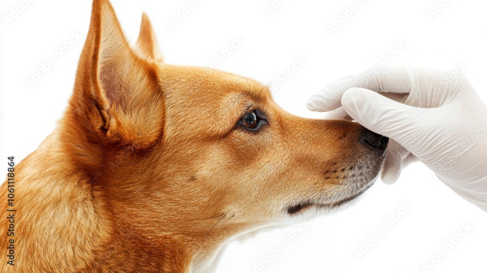 A hand in a glove gently touches the nose of a brown dog, portraying a moment of care and veterinary attention. A hand in a glove gently touches the nose of a brown dog, portraying a moment of care and veterinary attention.