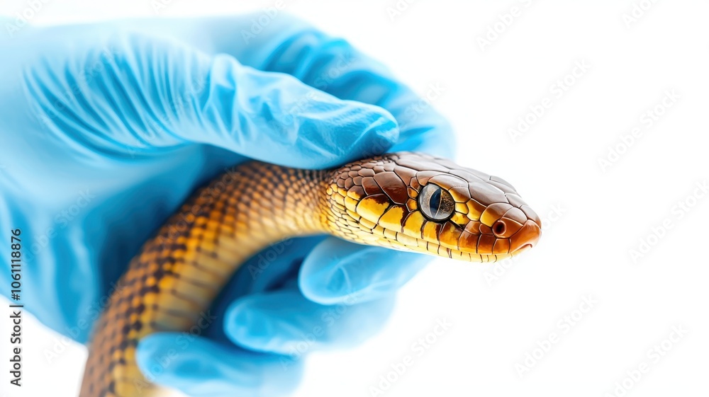 Obraz premium A close-up of a person holding a snake with a gloved hand, showcasing the snake's detailed scales and vibrant colors.