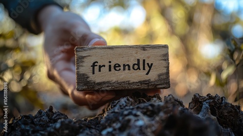 A hand holds a wooden block with the word 