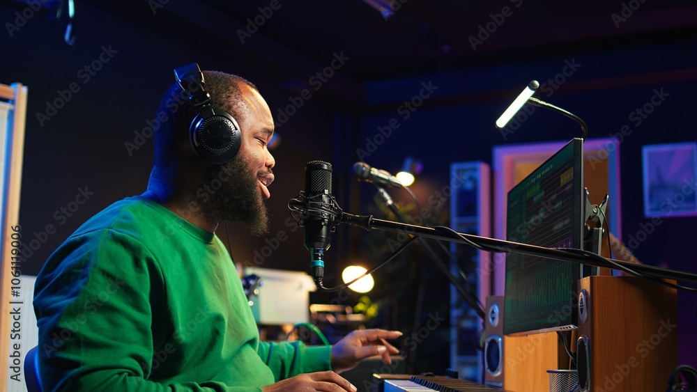 Musician singing his new melody creation on microphone, manipulating his recordings with mix and master techniques. Young artist singer composing a new track, stereo equipment. Camera B. Musician singing his new melody creation on microphone, manipulating his recordings with mix and master techniques. Young artist singer composing a new track, stereo equipment. Camera B.