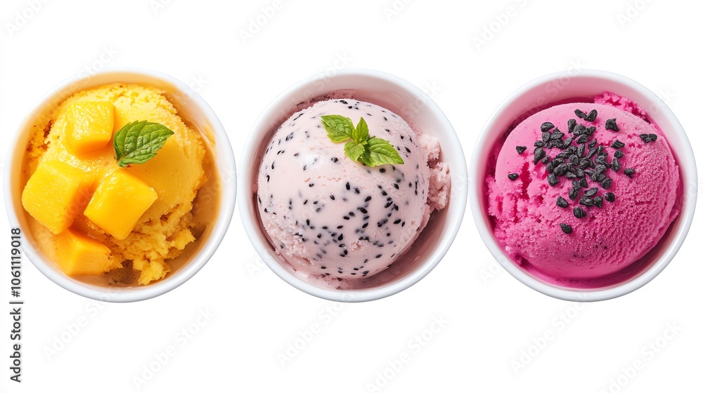 Delicious and colorful ice cream scoops in cups. Perfect for summer desserts and sweet treats.