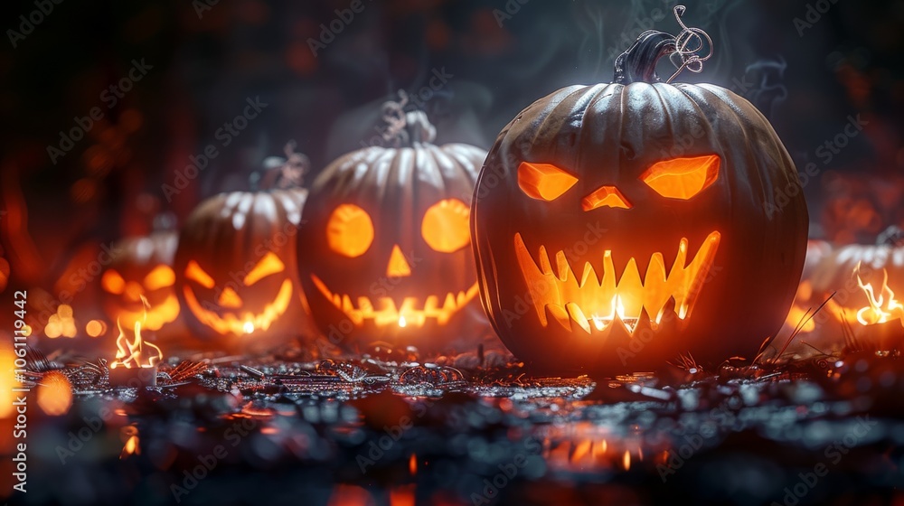 A spooky scene with glowing carved pumpkins emitting eerie light, surrounded by fog and leaves, creating a mysterious and haunting atmosphere suited for Halloween. A spooky scene with glowing carved pumpkins emitting eerie light, surrounded by fog and leaves, creating a mysterious and haunting atmosphere suited for Halloween.
