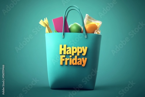 A teal bag filled with groceries like pasta, apples, and juice, with 'Happy Friday' text in bold, capturing a cheerful and vibrant end-of-the-week vibe. photo