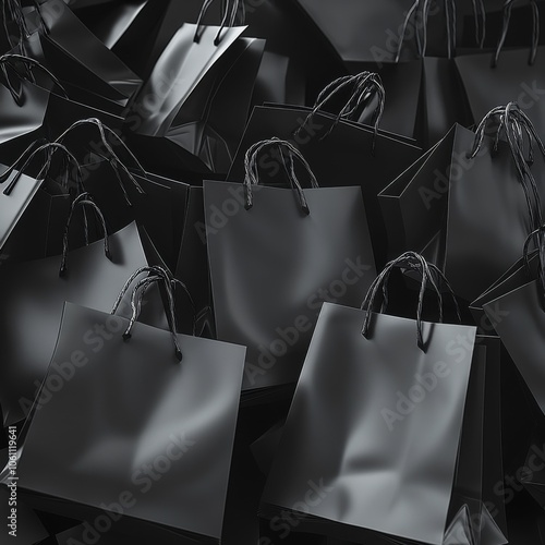 An array of glossy black shopping bags with twisted handles, conveying luxury and sophistication, perfect for representing high-end retail or fashion marketing. photo