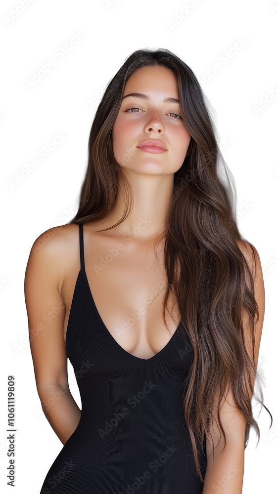 Young woman in black tank top, showcasing confidence and minimalistic style on transparent background Young woman in black tank top, showcasing confidence and minimalistic style on transparent background