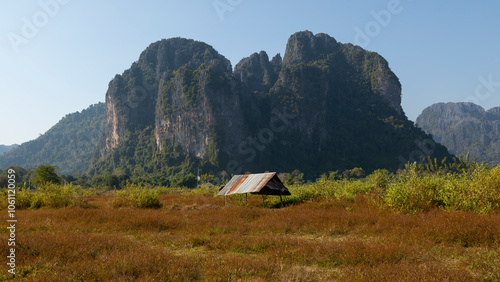 Rural area near Vang Vieng, in Laos, with immense karst mountains covered in tropical rainforest in the background photo