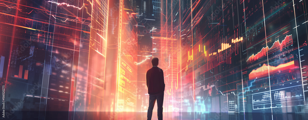 A person stands in a digital city, surrounded by glowing data and screens A person stands in a digital city, surrounded by glowing data and screens