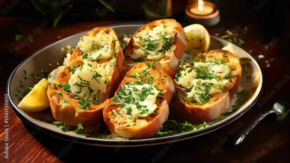 French garlic bread baguette warm slices spread with garlic butter snack French garlic bread baguette warm slices spread with garlic butter snack