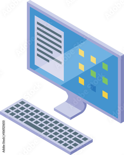 Desktop computer displaying document and colorful icons on blue screen, with keyboard ready for input, in isometric view
