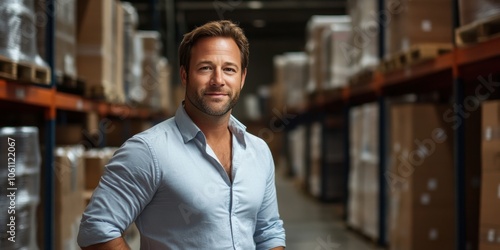 Confident Warehouse Manager Standing Among Stacked Boxes in a Distribution Center