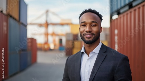 Confident Businessman in a Shipping Yard Surrounded by Cargo Containers