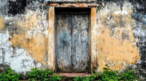 Weathered Wooden Door in Dilapidated Building