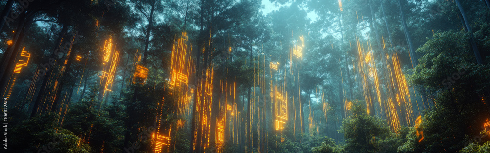 Fototapeta premium AI-enhanced jungle, with glowing data streams flowing through the trees