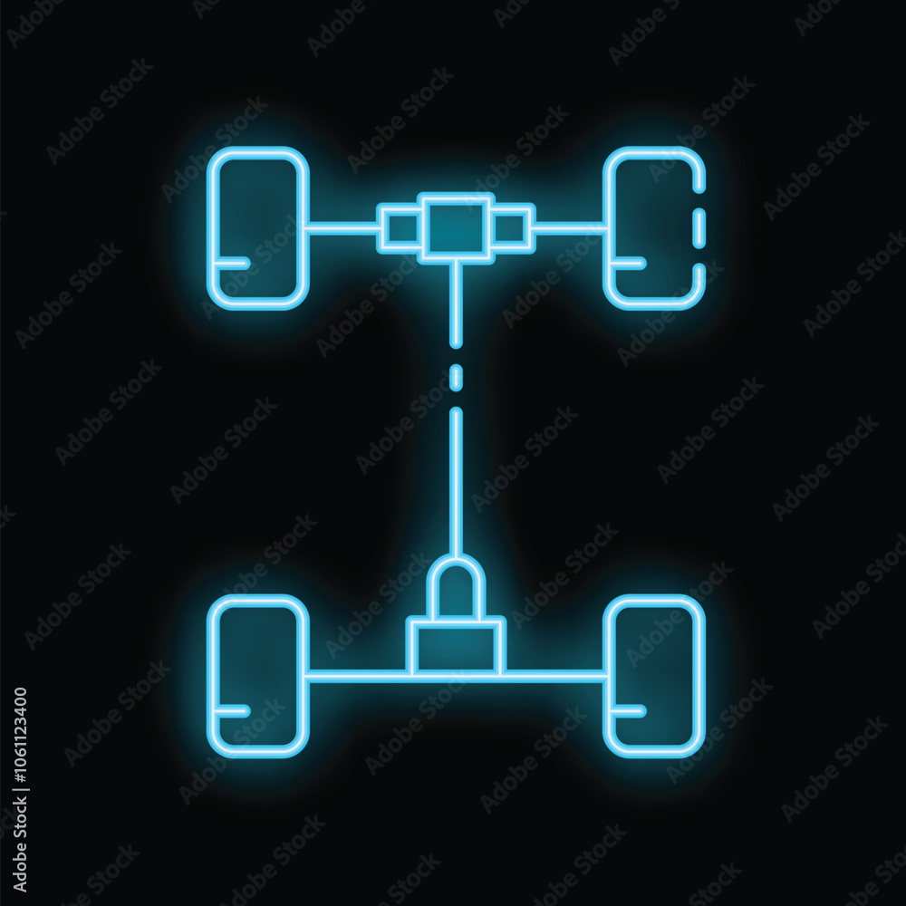 Neon blue glowing chassis with wheels on a black background, great for automotive industry designs Neon blue glowing chassis with wheels on a black background, great for automotive industry designs