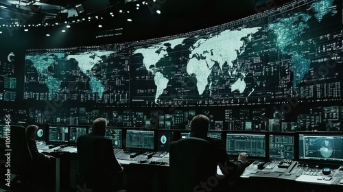 Wallpaper Mural Futuristic Command Center with Global Surveillance Map Torontodigital.ca