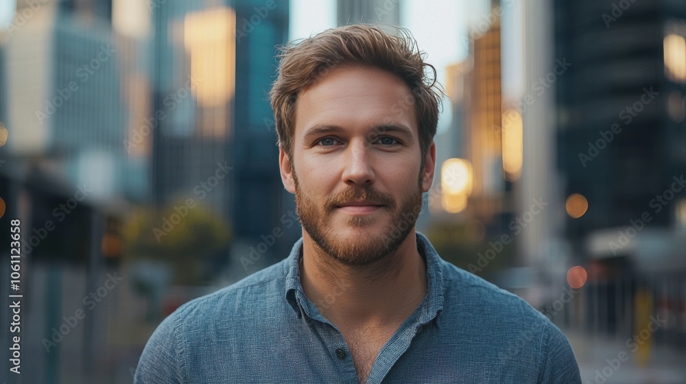 Confident Young Man in Urban Setting with Modern Architecture Background Confident Young Man in Urban Setting with Modern Architecture Background