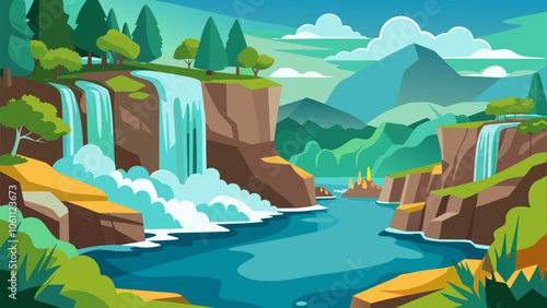Vibrant landscape with waterfalls cascading into a serene river surrounded by lush greenery and distant mountains under a bright sky