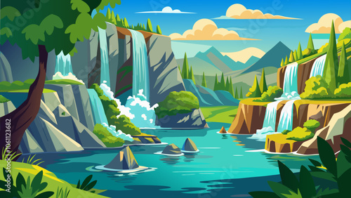 A vibrant waterfall cascading into a serene river surrounded by lush greenery and distant mountains in a clear blue sky