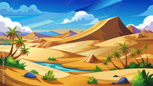 Vibrant desert landscape with mountains, a winding river, and lush greenery under a blue sky dotted with clouds