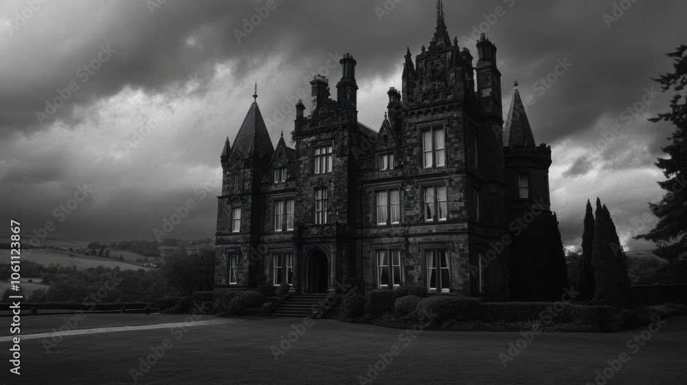 Haunting Gothic Castle Shrouded in Ominous Clouds Haunting Gothic Castle Shrouded in Ominous Clouds