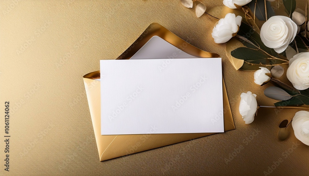 Blank white card with gold paper envelope template mock up Blank white card with gold paper envelope template mock up
