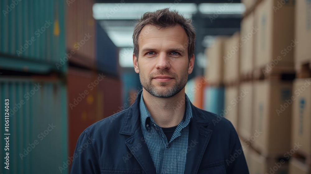Confident Man in Front of Shipping Containers: A Portrait of Modern Industry Confident Man in Front of Shipping Containers: A Portrait of Modern Industry