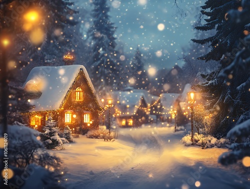 Cozy winter village with snow-covered houses, twinkling lights, and falling snow.