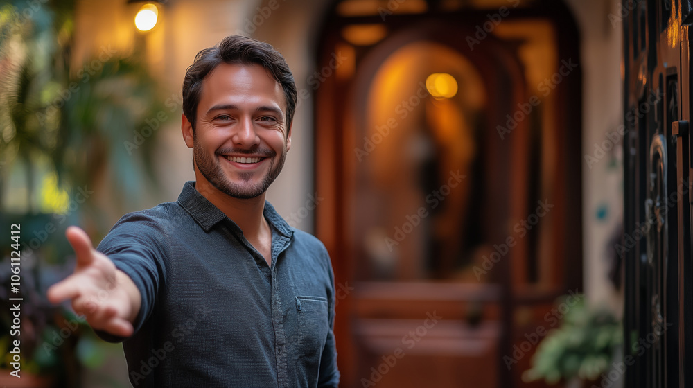 Welcoming Man with an Outstretched Hand in a Cozy Setting Welcoming Man with an Outstretched Hand in a Cozy Setting