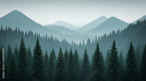 A misty forest landscape with a view of mountains in the background.