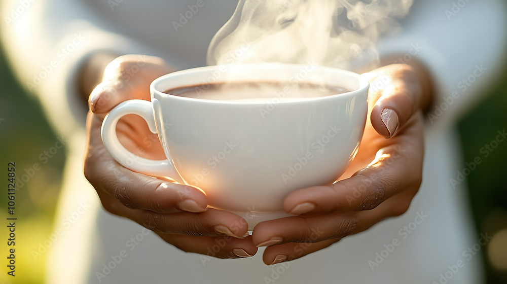 Close-up of hands holding a steaming cup of coffee Close-up of hands holding a steaming cup of coffee
