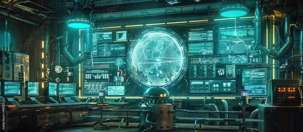 Futuristic digital control room with advanced holographic sphere display futuristic interface high tech equipment and industrial mechanical elements Futuristic digital control room with advanced holographic sphere display futuristic interface high tech equipment and industrial mechanical elements