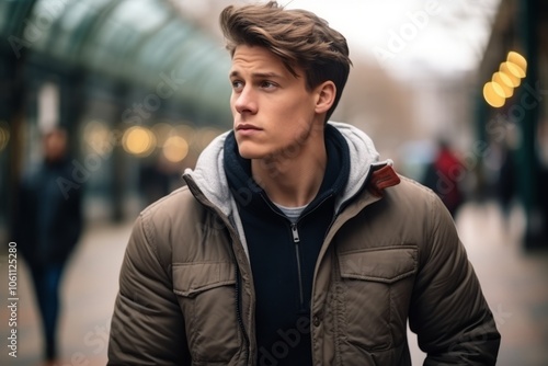 Portrait of a handsome young man in a city street at night