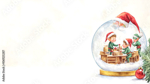 Watercolor Illustration of Santa Claus and Elves Inside a Snow Globe