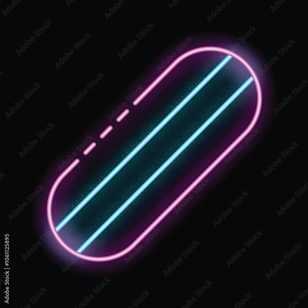 Bright neon sign showing a classic hot dog with mustard, glowing on a black background Bright neon sign showing a classic hot dog with mustard, glowing on a black background