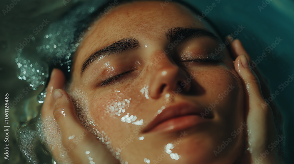 Minimalist facial treatment with a person’s face in a clean environment, focusing on relaxation