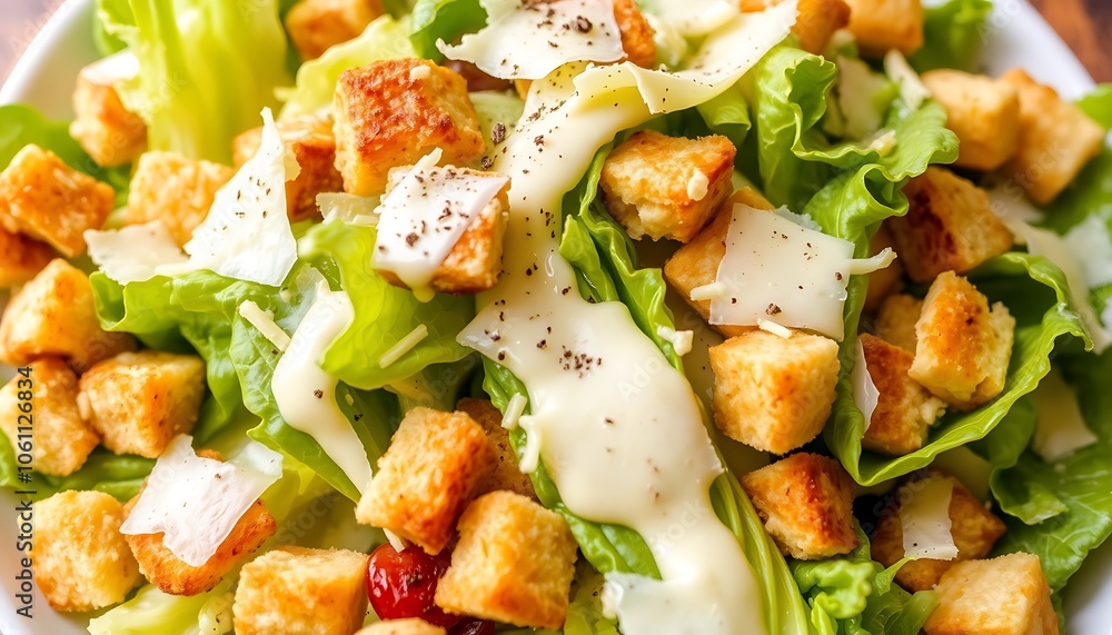 Crisp romaine lettuce leaves tossed with crunchy croutons, shavings of Parmesan cheese, and a creamy Caesar dressing. Crisp romaine lettuce leaves tossed with crunchy croutons, shavings of Parmesan cheese, and a creamy Caesar dressing.