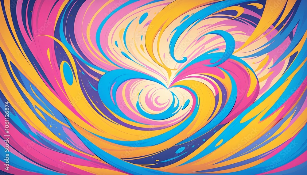 Playful, swirling shapes in vibrant colors of yellow, pink, and blue dance across the canvas. Playful, swirling shapes in vibrant colors of yellow, pink, and blue dance across the canvas.