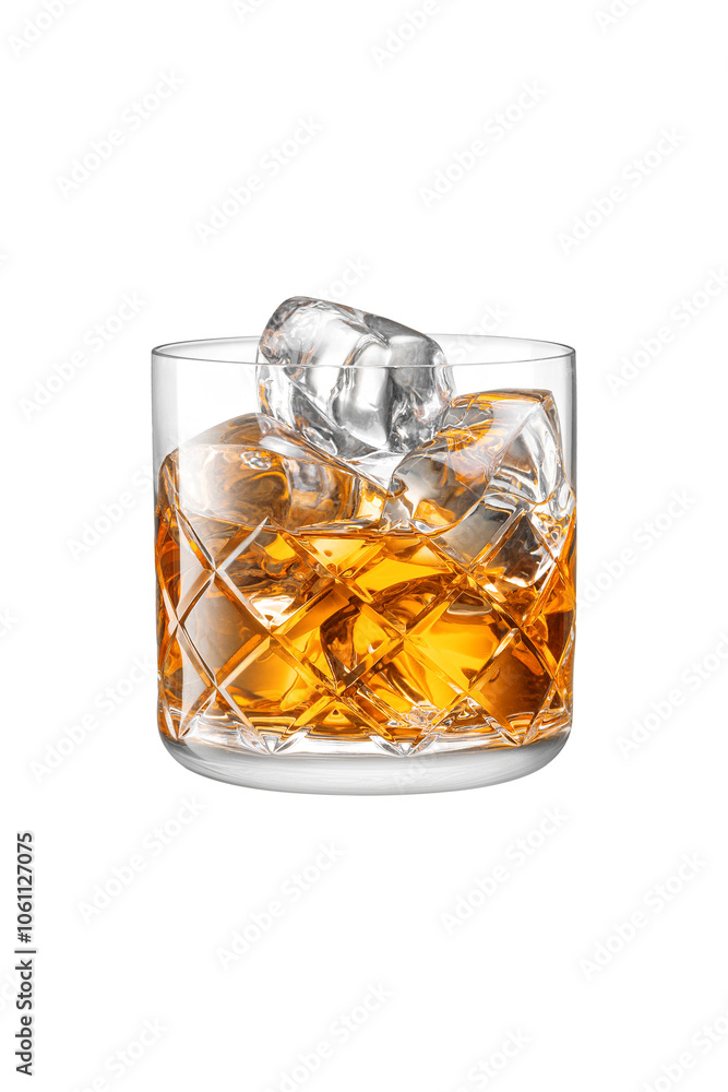 Glass of whiskey with ice on white background. Isolated Glass of whiskey with ice on white background. Isolated