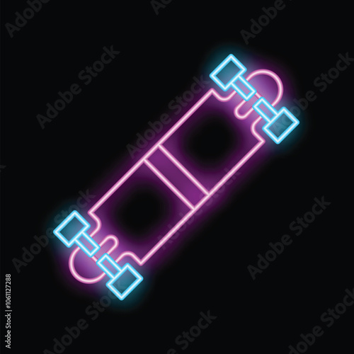 Glowing neon sign of longboard on a brick wall background